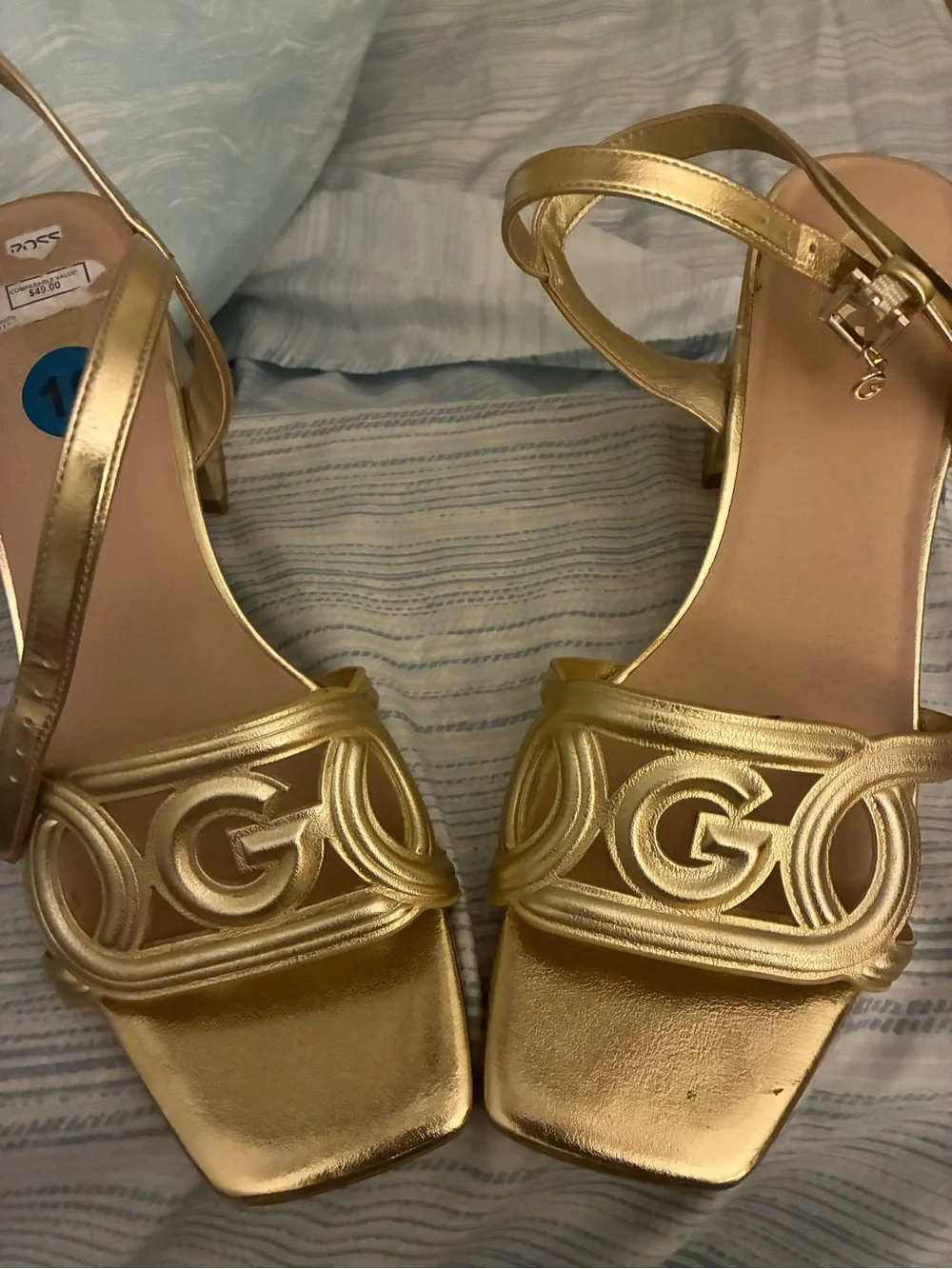 GBG Los Angeles Gold Metallic Logo Cutout Heels